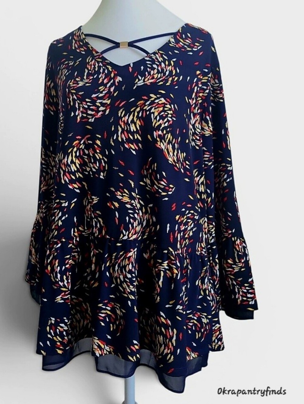 JM Collection Navy Swirl-Print Bell Sleeve Tunic with Multi Accents, Size L